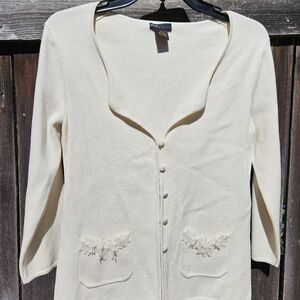 Grace Elements Womens Size Small Silk Cardigan Sweater Cream Floral Cottagecore